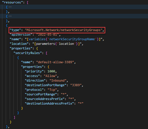 ARM şablonundaki ağ güvenlik grubu tanımını gösteren Visual Studio Code ekran görüntüsü.