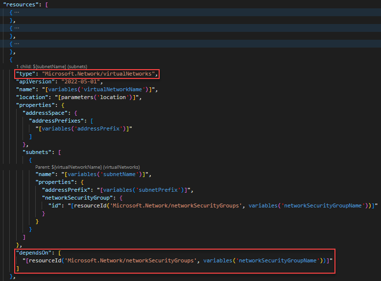 ARM şablonunda dependsOn öğesiyle sanal ağ tanımını gösteren Visual Studio Code ekran görüntüsü.