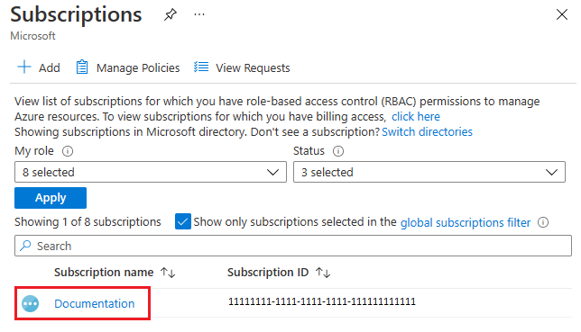 Belirli bir abonelik bağlantısını vurgulayan Azure portalı abonelikleri listesinin ekran görüntüsü.