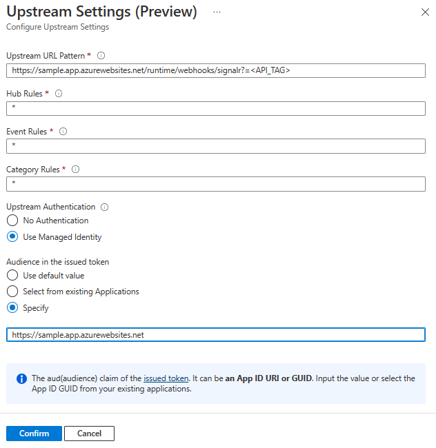 Azure SignalR Hizmeti için yukarı akış ayarlarının ekran görüntüsü.