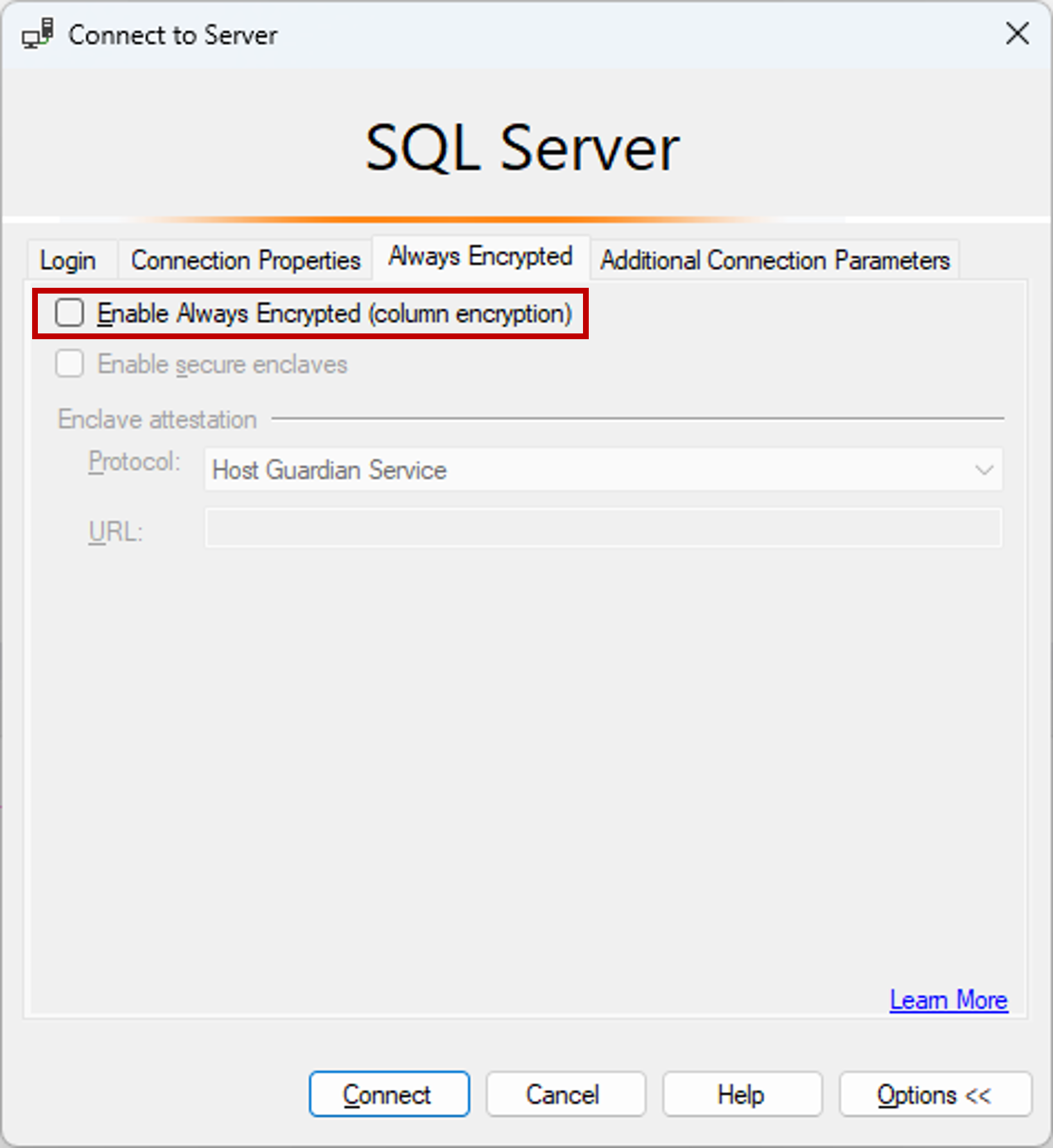 Always Encrypted etkinleştirilmeden SSMS kullanarak Sunucuya Bağlan'ın ekran görüntüsü.