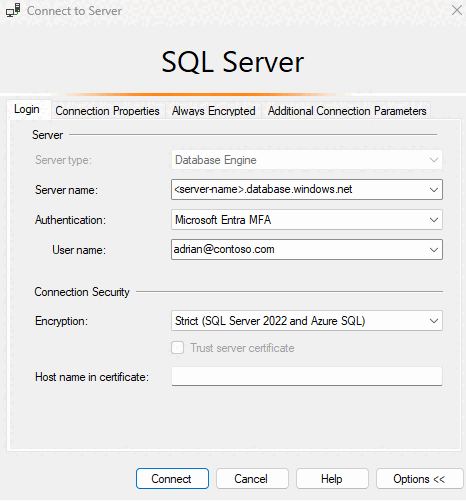 SSMS'de Tüm alanların doldurulduğu Sunucuya Bağlan iletişim kutusu ayarlarının ekran görüntüsü.