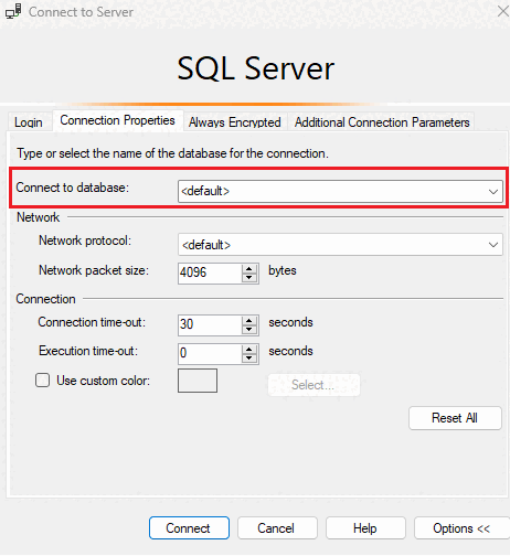 Seçenekler menüsünün SSMS'sinden ekran görüntüsü.