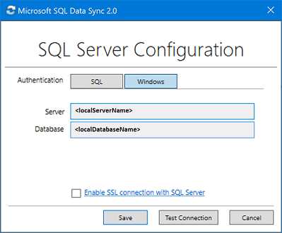 Microsoft SQL Data Sync 2.0 istemci aracısı uygulamasından ekran görüntüsü. SQL Server veritabanı ekleme ve yapılandırma.