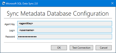 Microsoft SQL Data Sync 2.0 istemci aracısı uygulamasından ekran görüntüsü. Aracı anahtarını ve sunucu kimlik bilgilerini girin.