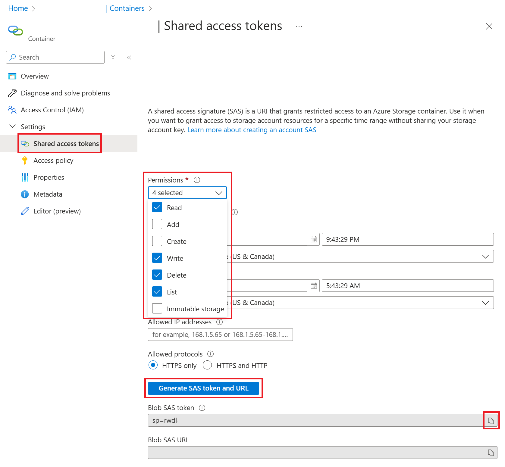 Azure Depolama kapsayıcısı için Paylaşılan Erişim Belirteçleri ekranının ekran görüntüsü ve örnek bir kapsayıcı için oluşturulmuş SAS belirteci.