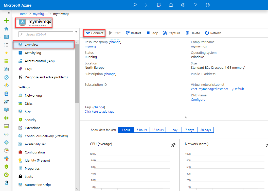 Sanal makine için Genel Bakış sayfasının seçili olduğu ve Bağlan'ın vurgulandığı Azure portalını gösteren ekran görüntüsü.