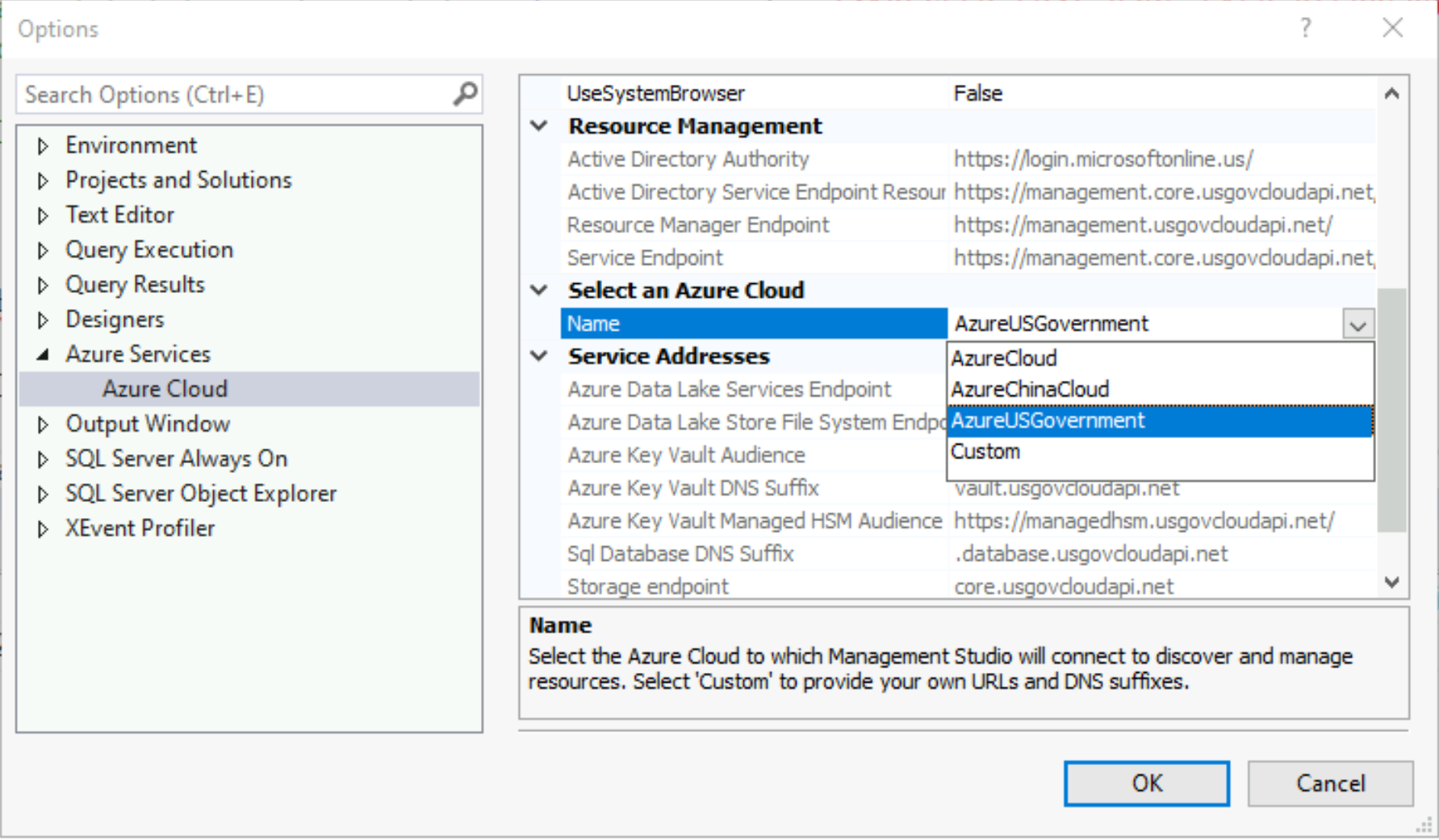 Azure bulutunun vurgulandığı SSMS kullanıcı arabirimi, seçenekler sayfası, Azure hizmetleri ekran görüntüsü. 