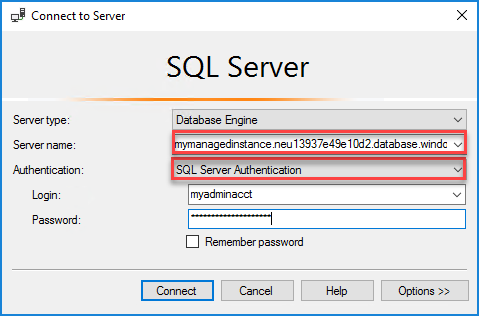 SSMS'de Sunucuya Bağlan iletişim kutusunun ekran görüntüsü.