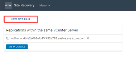 Site Recovery için Yeni Site Çifti düğmesinin seçili olduğu vSphere İstemcisi'ni gösteren ekran görüntüsü.