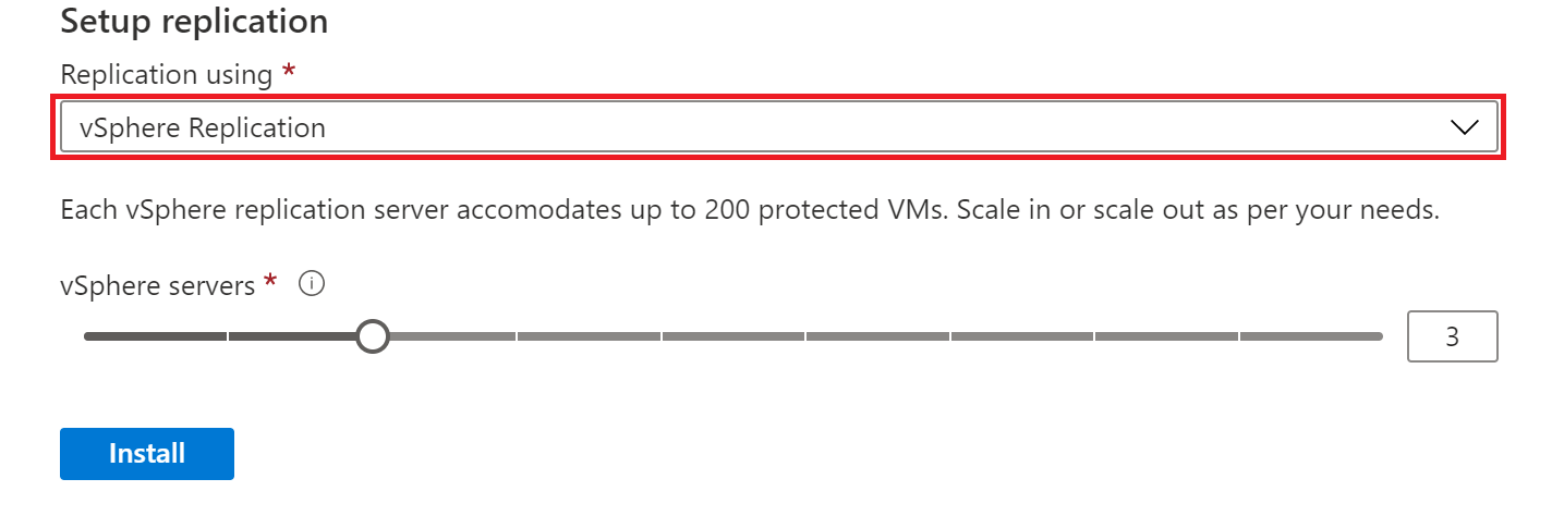 Kullanarak çoğaltma seçeneği için seçilen vSphere Çoğaltmasını gösteren ekran görüntüsü.