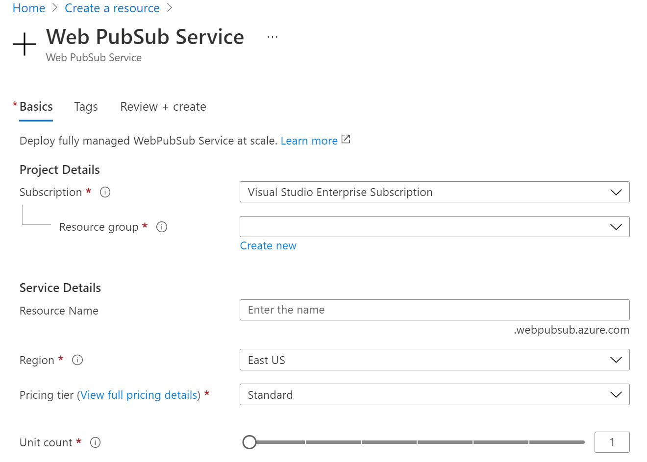 Portalda Azure Web PubSub örneğini oluşturma işleminin ekran görüntüsü.