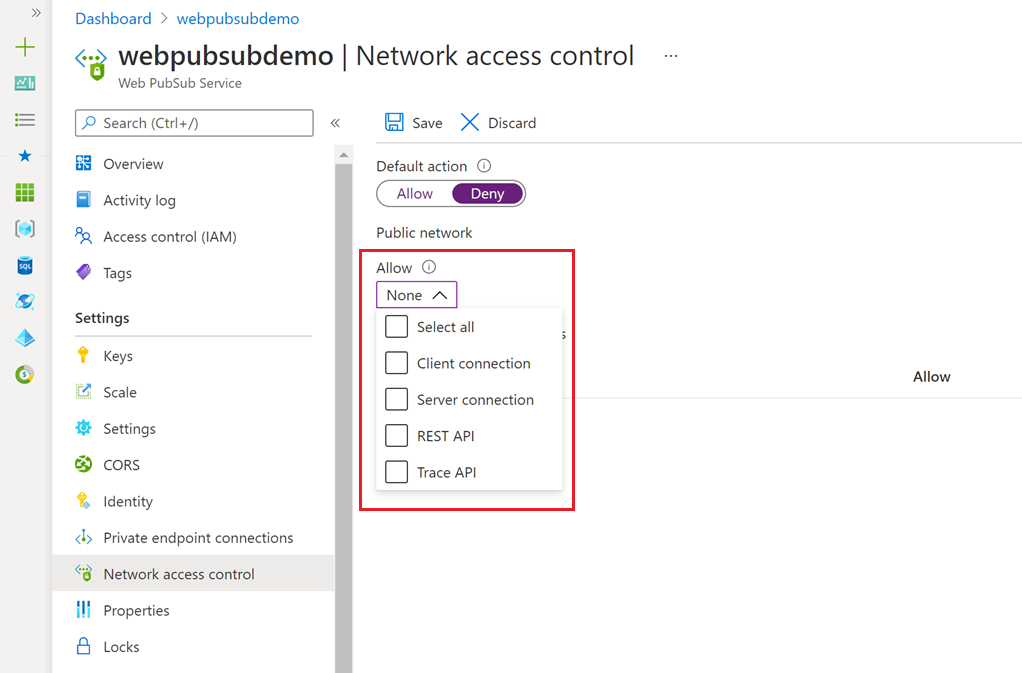 Azure portalında genel ağ erişim denetim listesini düzenlemeyi gösteren ekran görüntüsü.