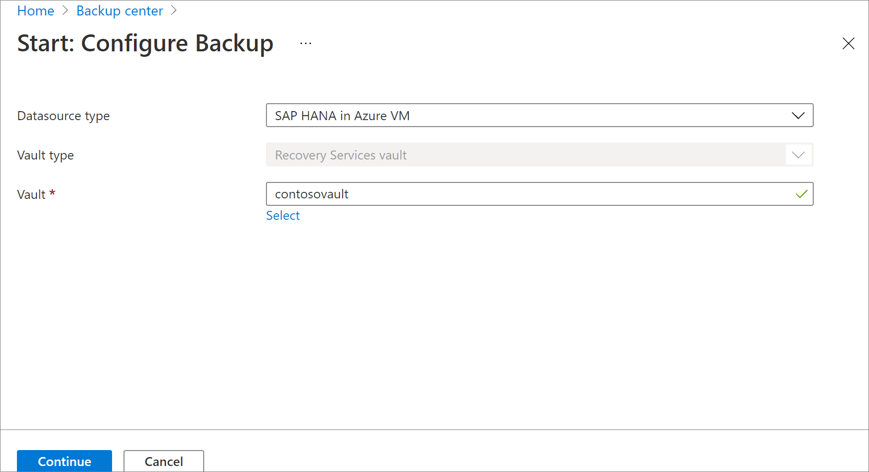 Veri kaynağı türü olarak Azure VM'de SAP HANA'nın nerede seçildiğini gösteren ekran görüntüsü.