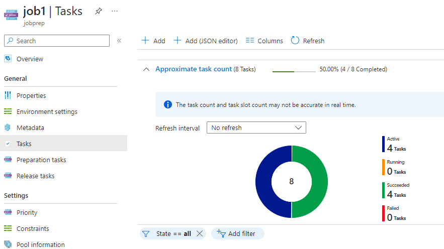 Azure portal iş görevi ilerleme durumunu gösteren ekran görüntüsü.