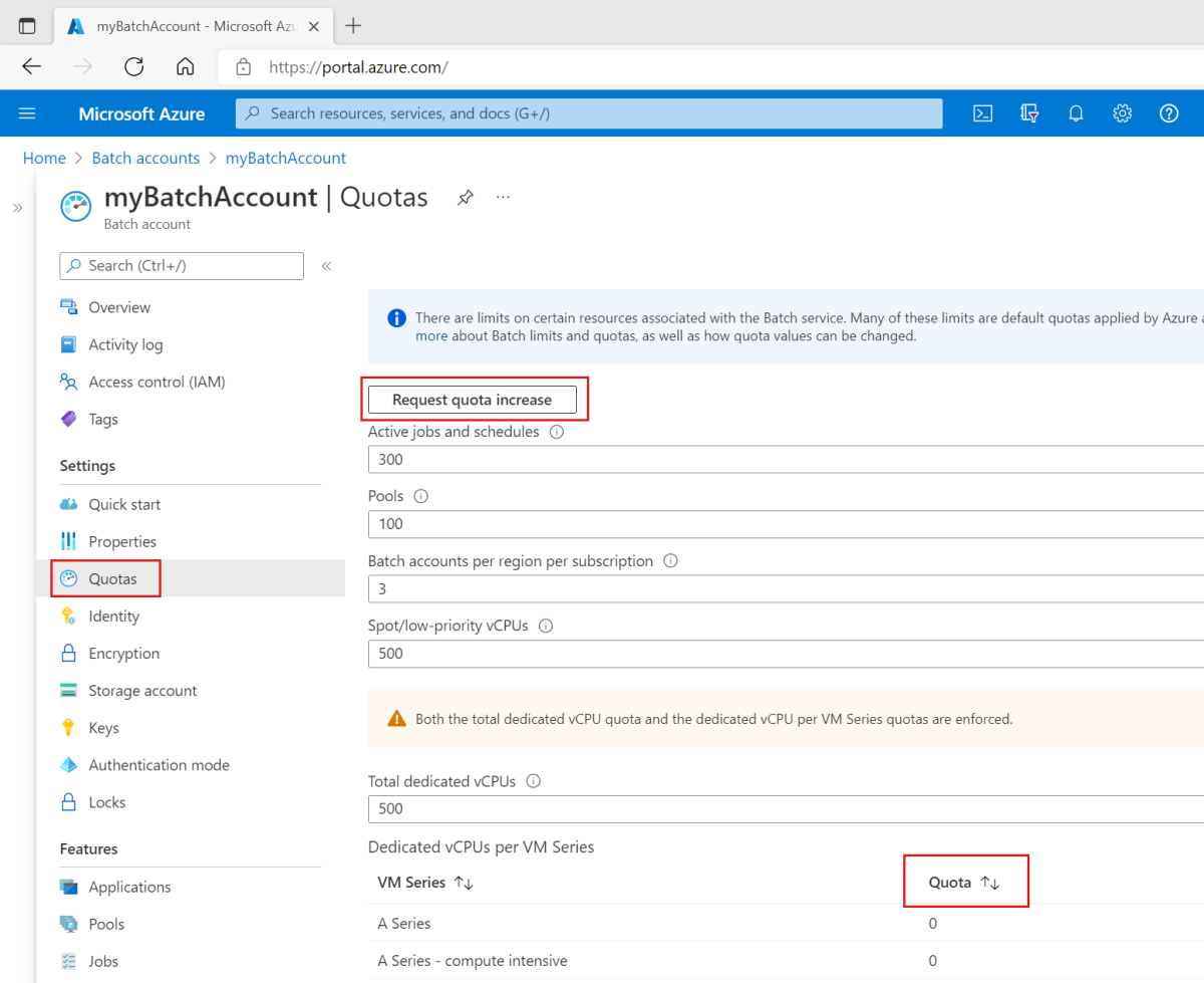 Azure portalında Batch hesabının kota sayfasının ekran görüntüsü. Menüdeki kota sayfası, kota artışı istemek için düğme ve kaynak listesindeki kota sütunu için vurgular.