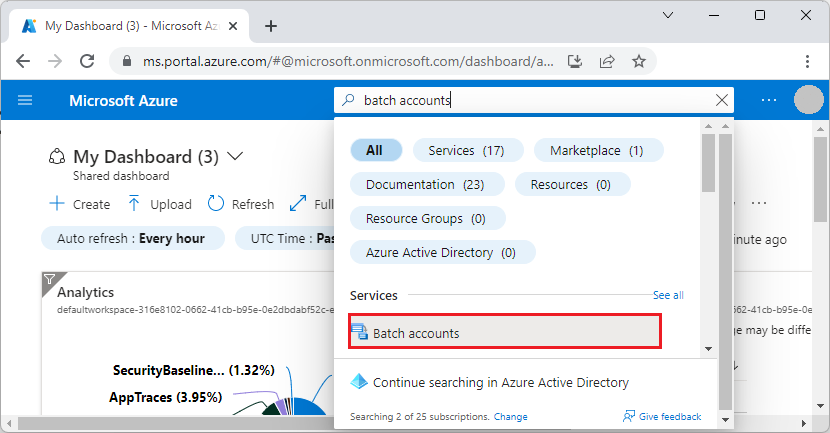 Azure portalında Batch hesaplarını seçme işleminin ekran görüntüsü.