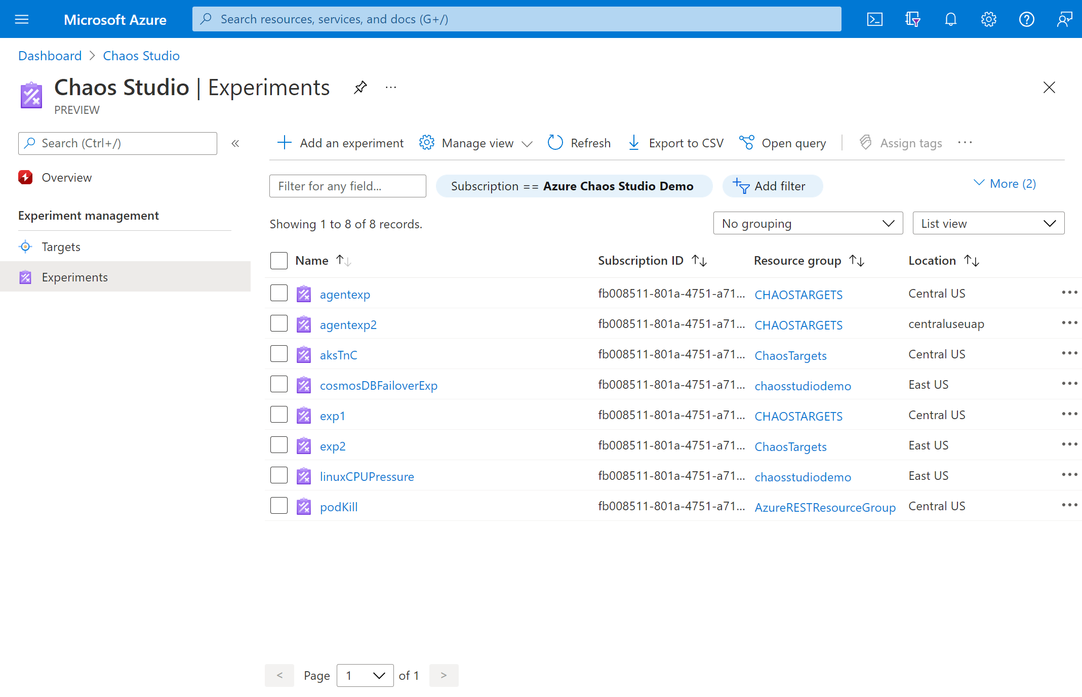 Azure portalında Denemeler görünümünü gösteren ekran görüntüsü.