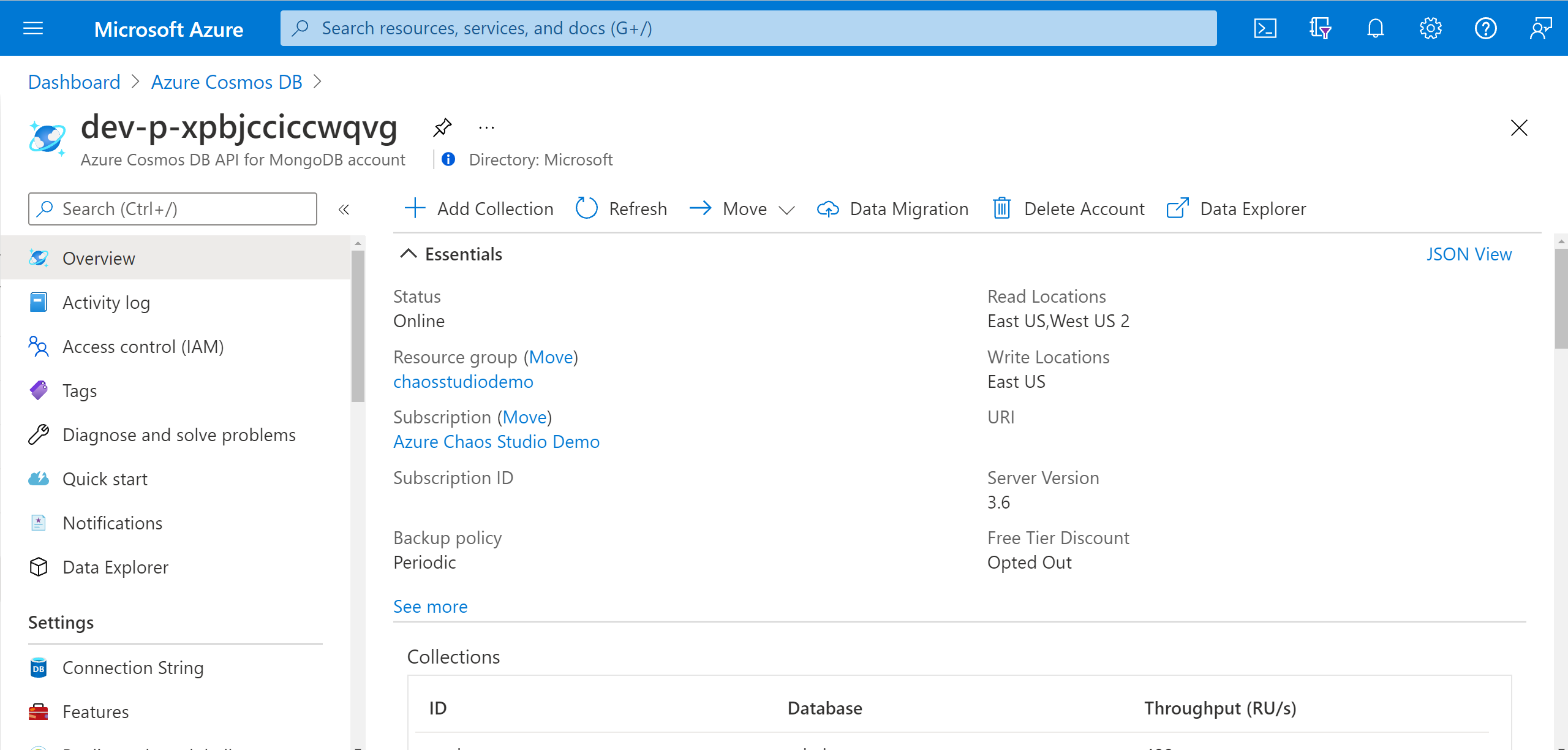 Azure Cosmos DB'ye Genel Bakış sayfasını gösteren ekran görüntüsü.