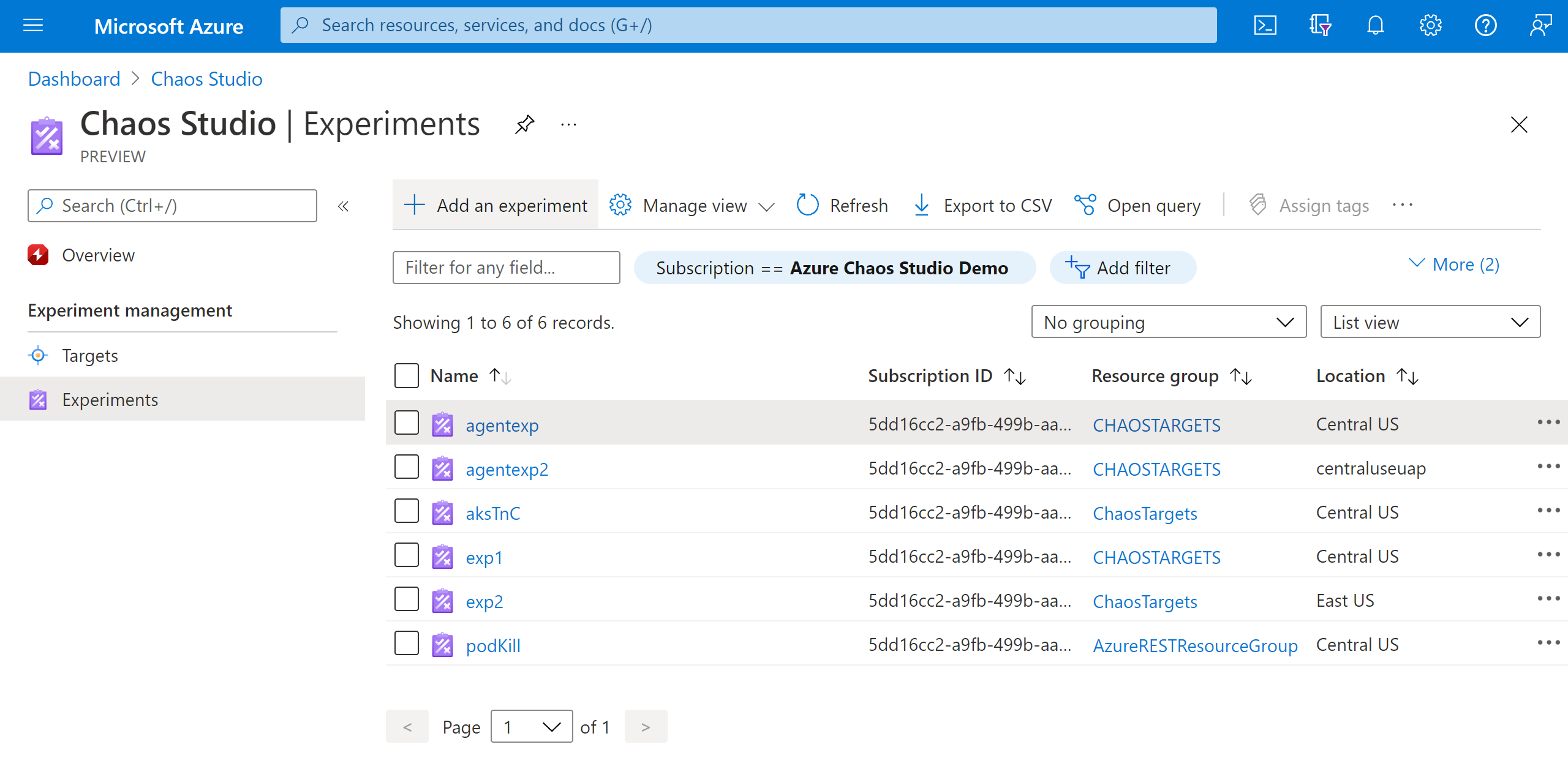 Azure portalında Denemeler görünümünü gösteren ekran görüntüsü.