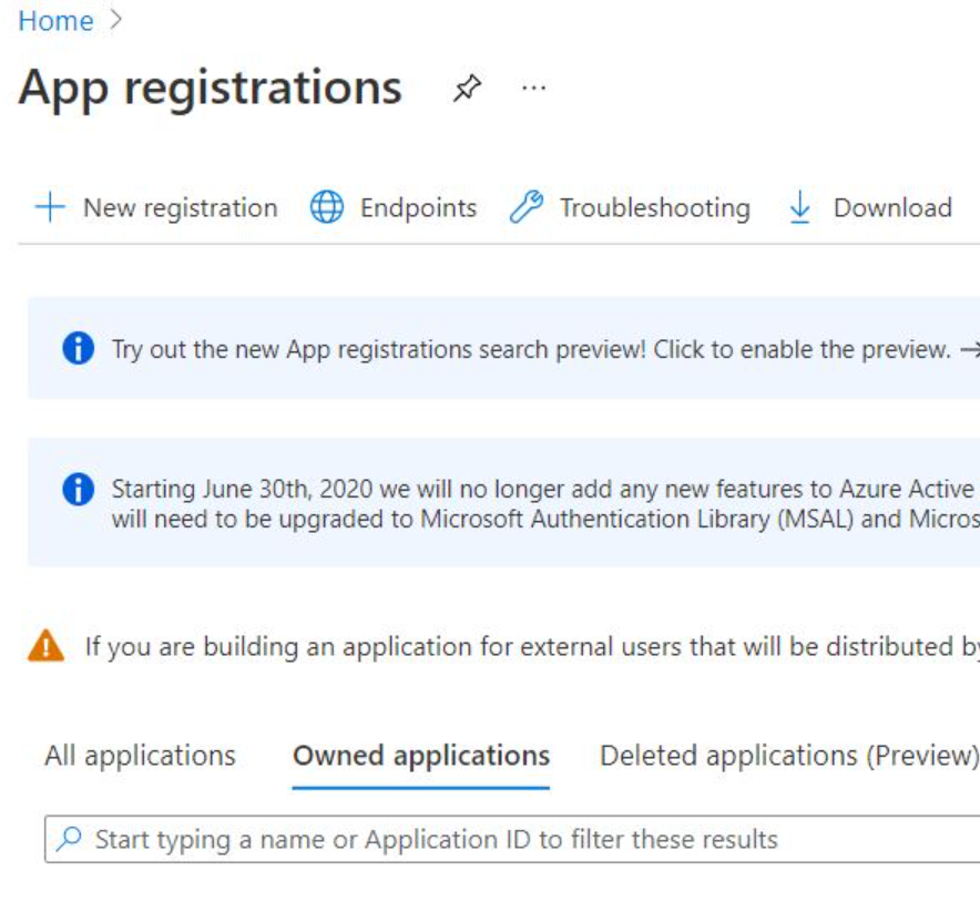 Azure portalında uygulama kayıtları sayfasını gösteren ekran görüntüsü.