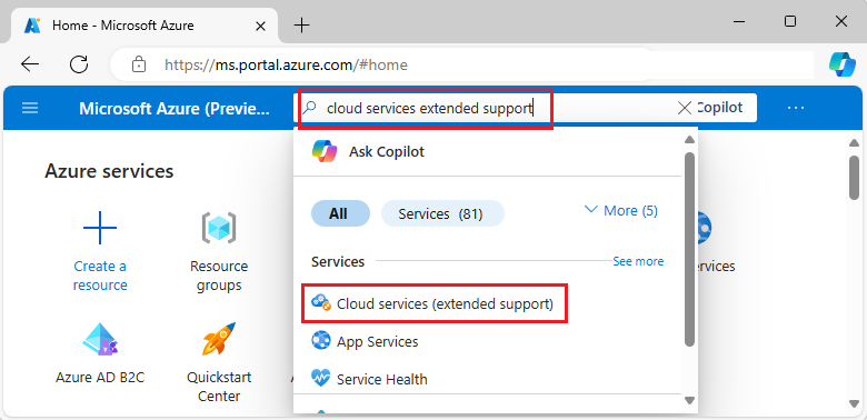 Azure portalında Cloud Services (genişletilmiş destek) aramasını ve sonucu seçmeyi gösteren ekran görüntüsü.