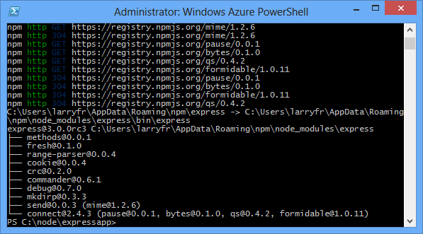 npm install express komutunun çıkışını görüntüleyen Windows PowerShell.