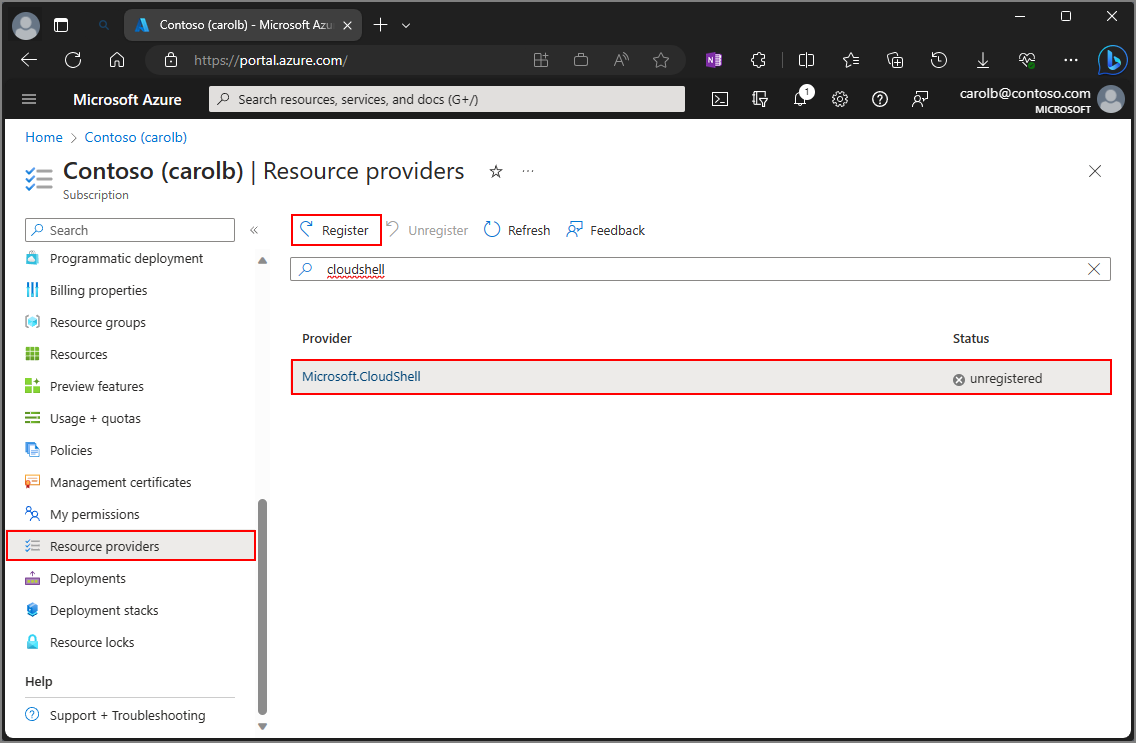 Azure portalında kaynak sağlayıcıları seçme işleminin ekran görüntüsü.