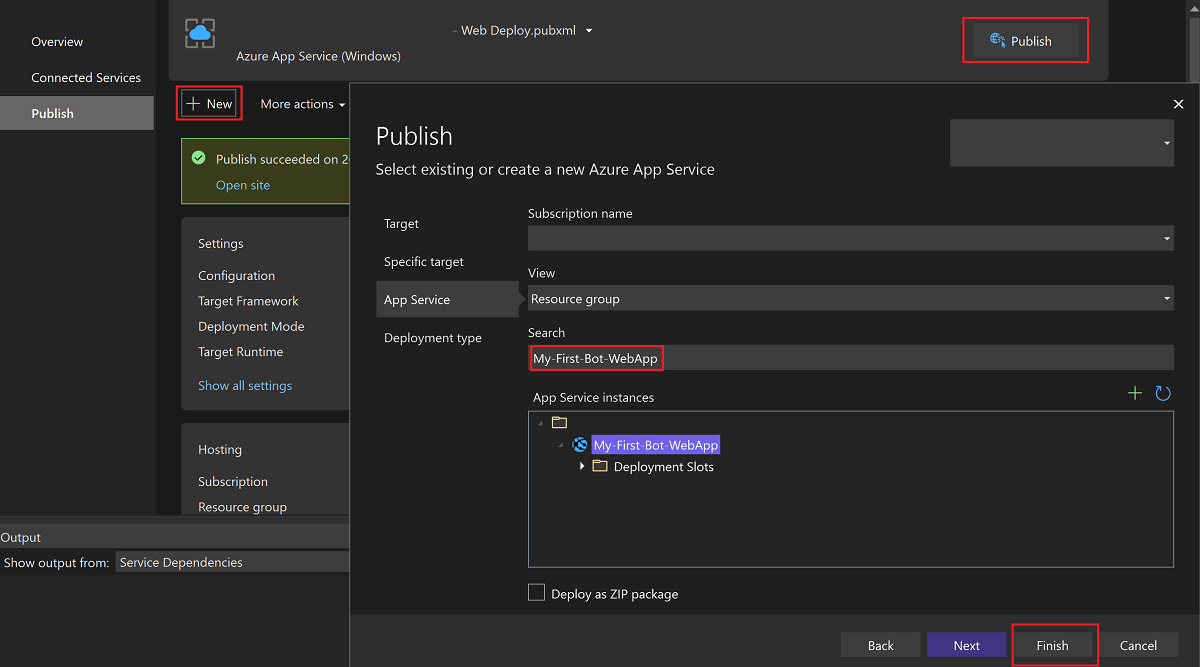 Screenshot that shows setting the deployment configuration with the web app name.