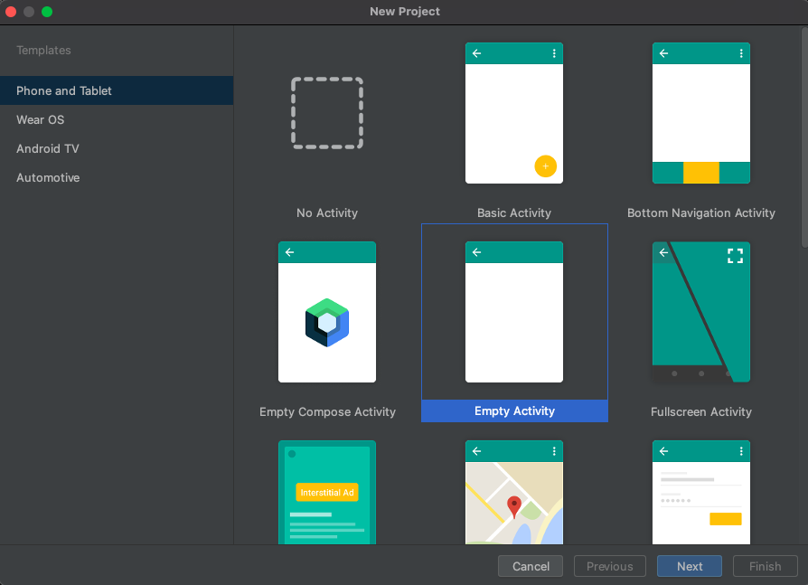 Android Studio'da Boş Etkinlik'in seçili olduğu Yeni Proje iletişim kutusunu gösteren ekran görüntüsü.