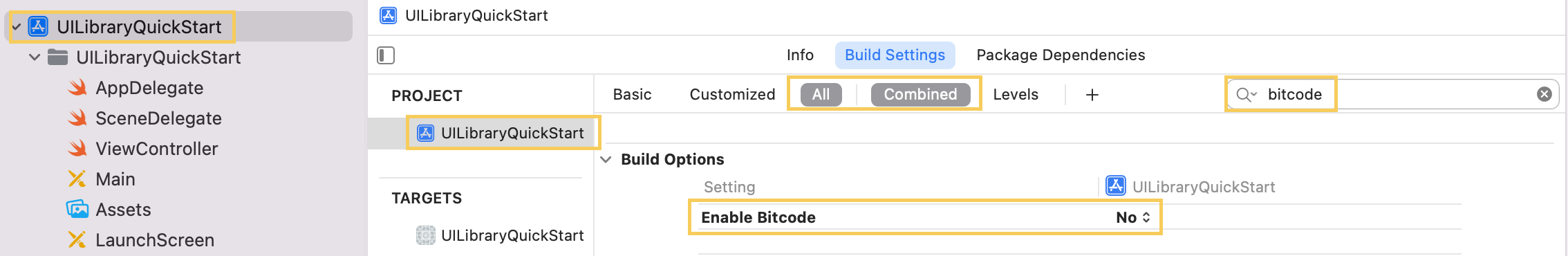 Bitcode'u kapatmak için Derleme Ayarları seçeneğini gösteren ekran görüntüsü.