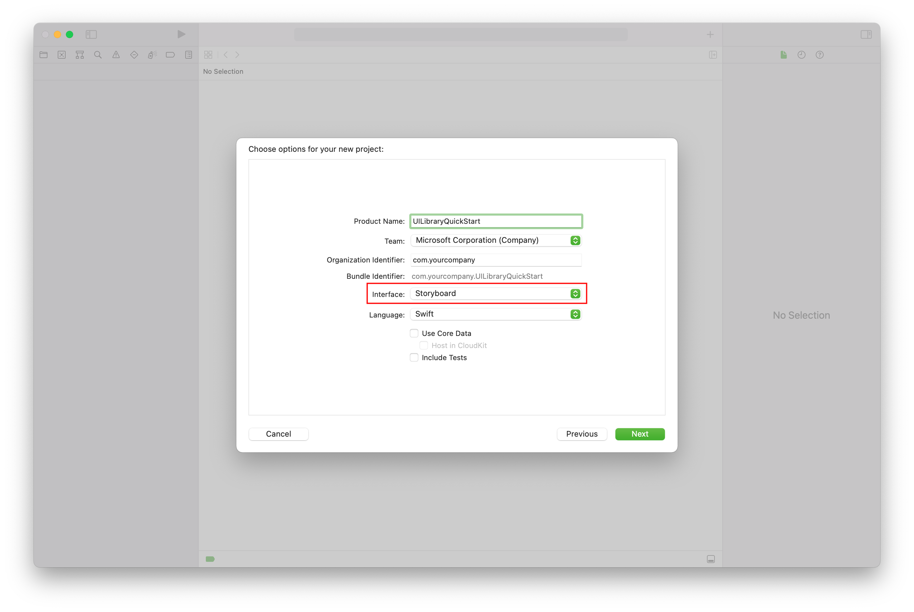 Xcode'da yeni proje seçeneklerini ayarlamayı gösteren ekran görüntüsü.