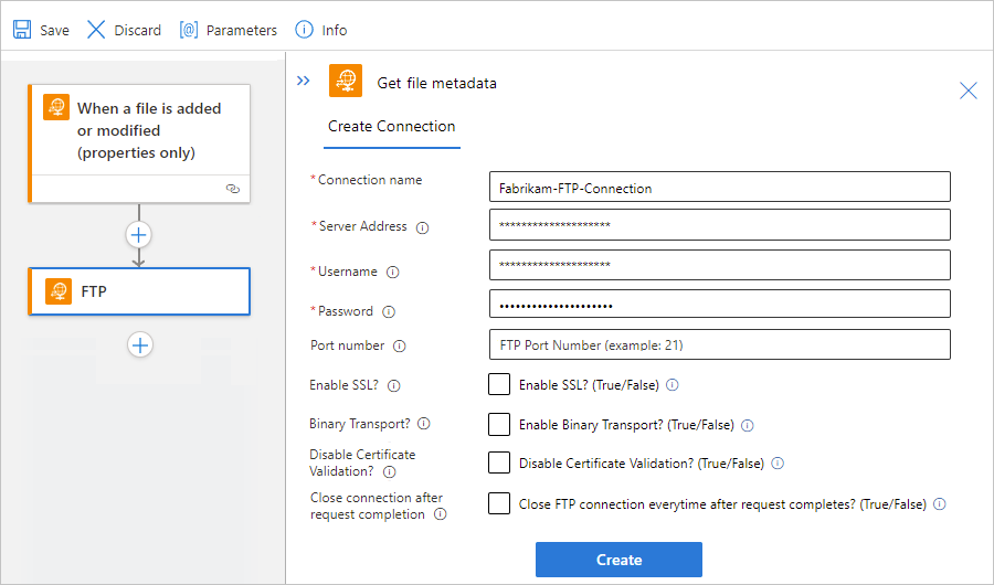 Screenshot shows Standard workflow designer, FTP managed connector action, and connection profile.