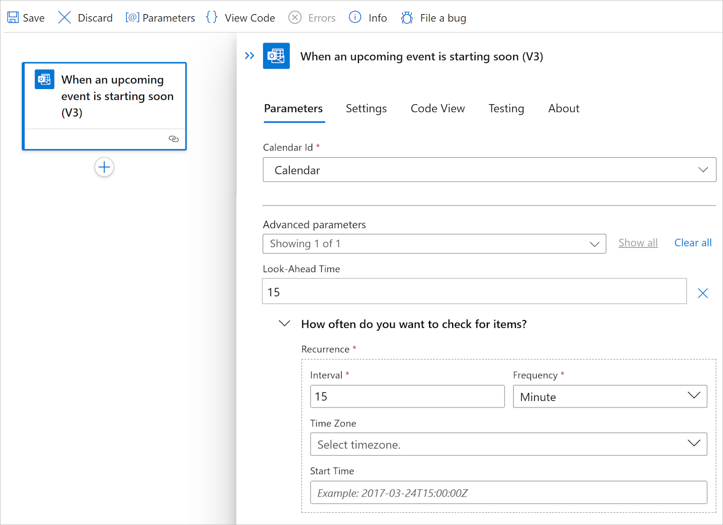 Screenshot shows Azure portal, Standard workflow, and trigger parameters.