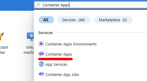 Sonuçlardan biri olarak Container App içeren Azure portalı arama çubuğunun ekran görüntüsü.