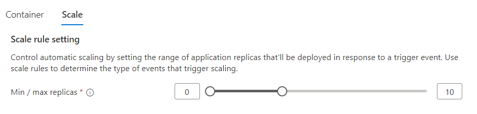 Azure Container Apps ölçek aralığı kaydırıcısının ekran görüntüsü.