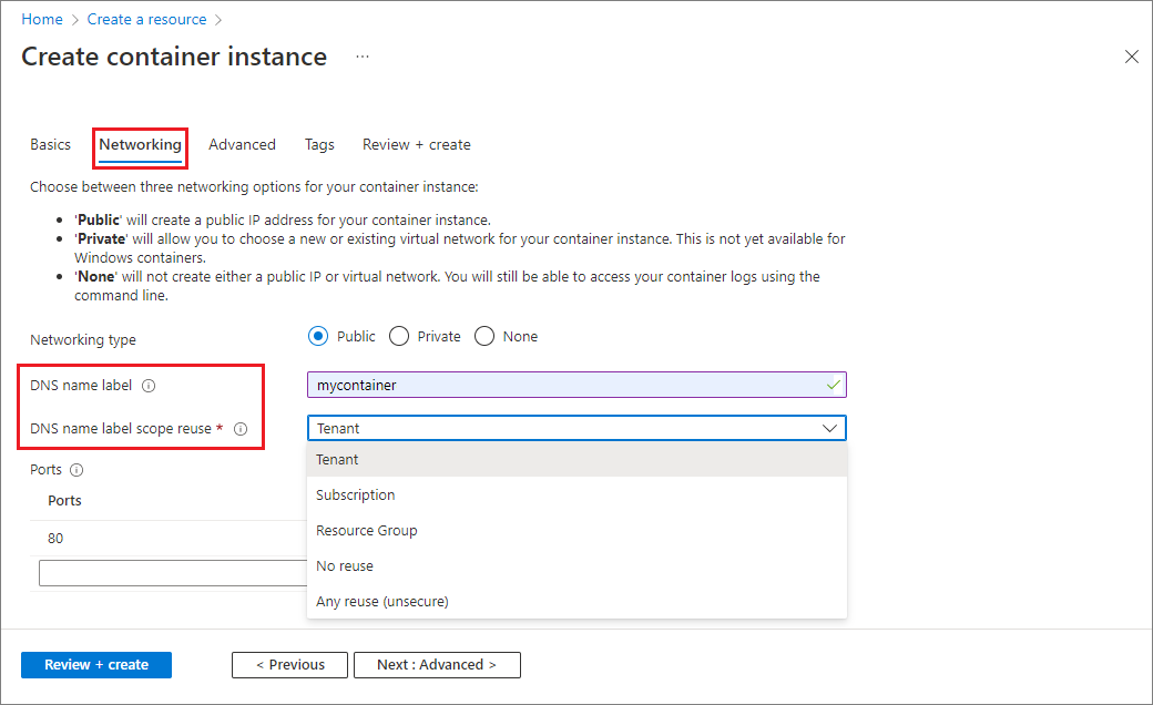 Azure portalında yeni bir kapsayıcı örneği için ağ ayarlarını yapılandırma