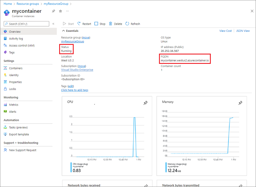 Azure portalında kapsayıcı grubuna genel bakış