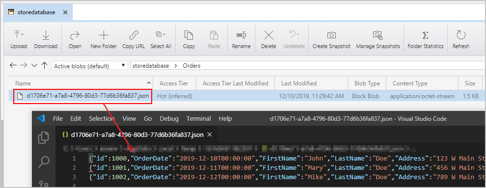 JSON nesnelerini içeren oluşturulan dosyayı gösteren ekran görüntüsü.