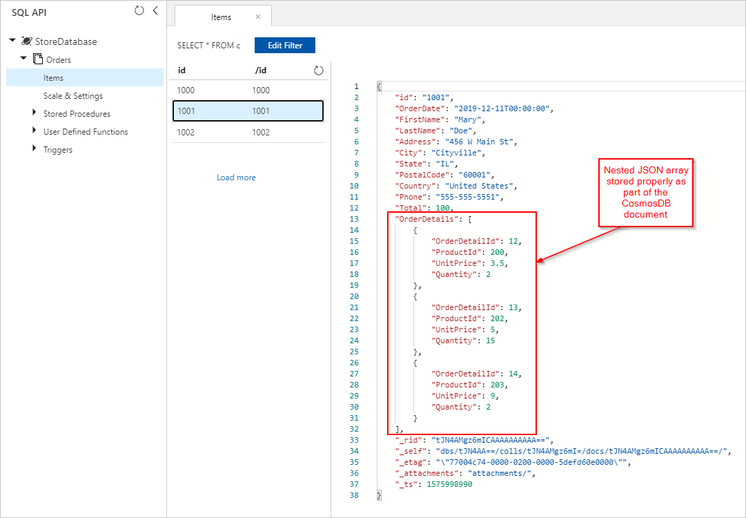 Azure Cosmos DB belgesinin bir parçası olarak sipariş ayrıntılarını gösteren ekran görüntüsü