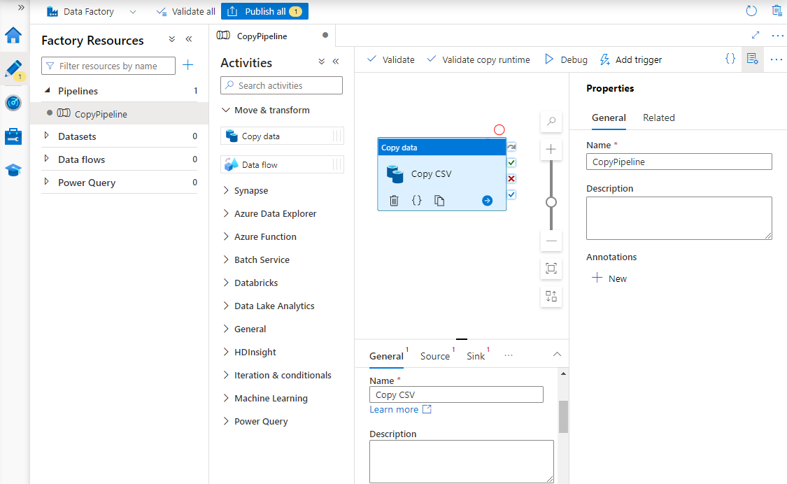 Azure Data Factory'de işlem hattını gösteren ekran görüntüsü.