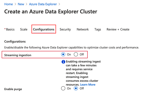 Azure Veri Gezgini'da küme oluştururken akış alımını etkinleştirin.