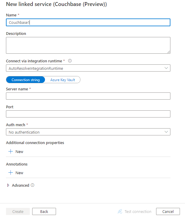 Couchbase için bağlı hizmet yapılandırmasının ekran görüntüsü.