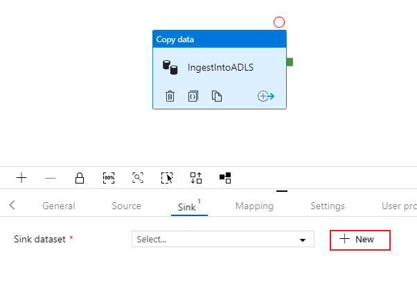 Veri Kopyalama havuzu seçeneğinde yeni veri kümesi oluşturma işleminin Azure portalının ekran görüntüsü.