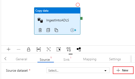 Veri Kaynağını Kopyala seçeneğinde yeni bir veri kümesi oluşturma işleminin Azure portalının ekran görüntüsü.