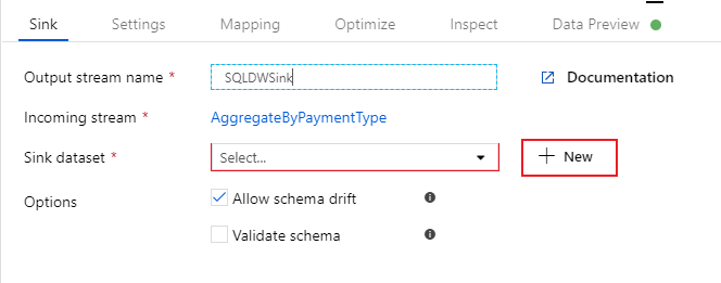 Havuz ayarlarındaki yeni havuz veri kümesi düğmesinin Azure portalındaki ekran görüntüsü.