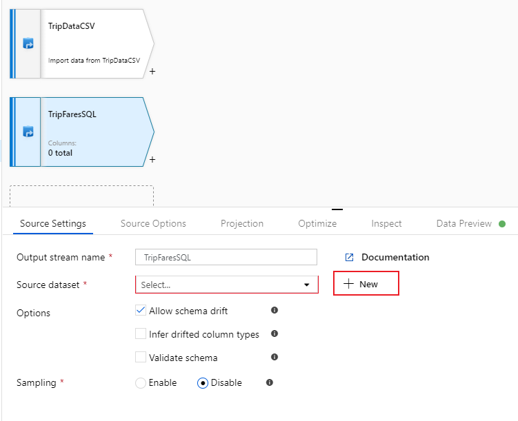 Veri akışındaki başka bir kopyalama veri adımındaki yeni kaynak veri kümesinin Azure portalındaki ekran görüntüsü.