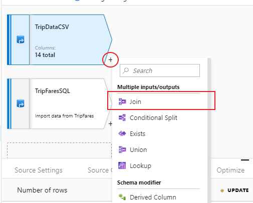 Veri akışındaki veri kaynaklarında birleştirme düğmesinin Azure portalındaki ekran görüntüsü.