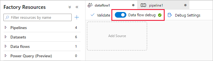 Veri akışı hata ayıklama düğmesinin etkin olduğu Fabrika Kaynakları sayfalarının Azure portalının ekran görüntüsü.