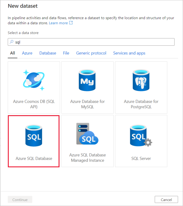 Azure SQL Veritabanı'da yeni veri kümesi oluşturma işleminin Azure portalının ekran görüntüsü.